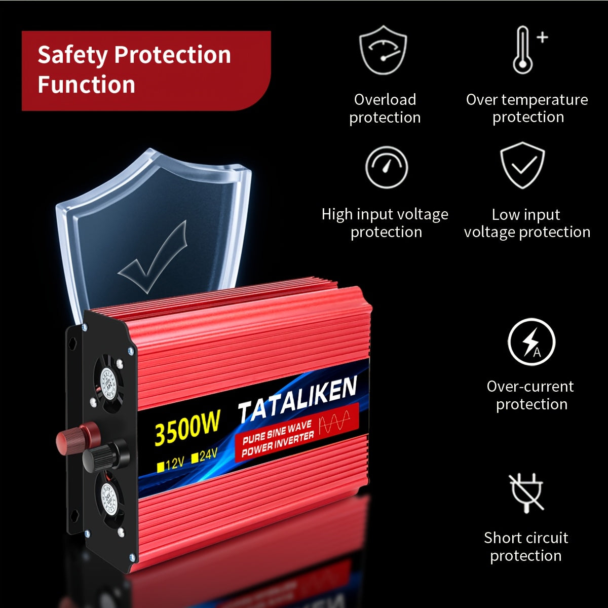 3500W Spitzenreiner Sinuswellen-Leistungswandler - Ultraschweigender Hochleistungs-DC12V zu AC220V Auto- & Heimstromumformer mit Mehrfachschutz für Camping, Reisen, Fahrzeuge, Haushaltsgebrauch, Autostromversorgung | Kompakter Umformer |