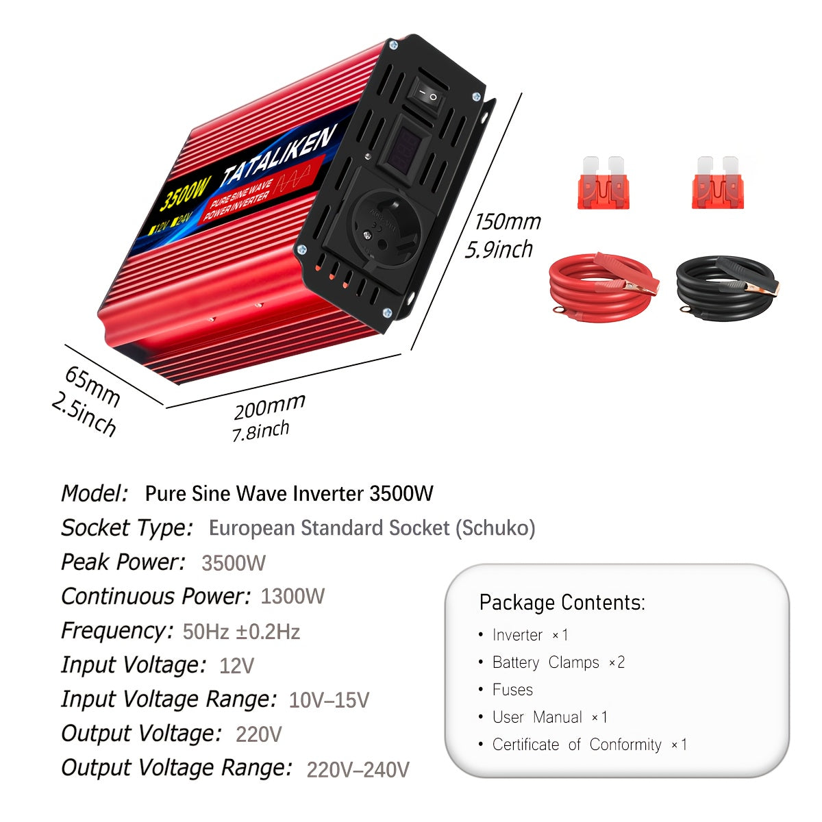 3500W Spitzenreiner Sinuswellen-Leistungswandler - Ultraschweigender Hochleistungs-DC12V zu AC220V Auto- & Heimstromumformer mit Mehrfachschutz für Camping, Reisen, Fahrzeuge, Haushaltsgebrauch, Autostromversorgung | Kompakter Umformer |