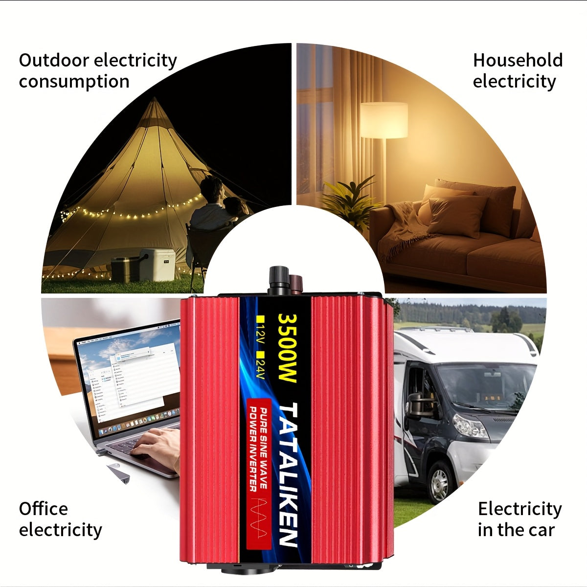 3500W Spitzenreiner Sinuswellen-Leistungswandler - Ultraschweigender Hochleistungs-DC12V zu AC220V Auto- & Heimstromumformer mit Mehrfachschutz für Camping, Reisen, Fahrzeuge, Haushaltsgebrauch, Autostromversorgung | Kompakter Umformer |