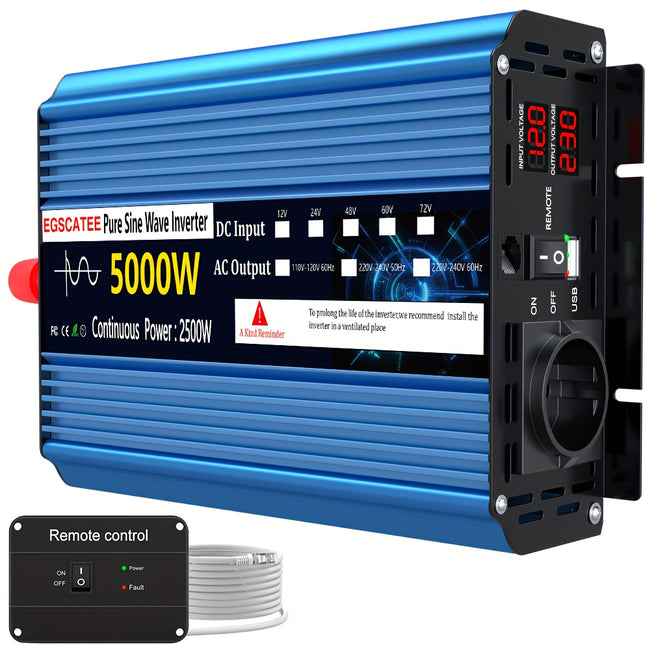 3000W 4000W 5000W 6000W DC12V 24V auf 220V Reiner Sinus Wechselrichter Konverter mit EU Steckdose und LCD Fernbedienung für Auto, Wohnmobil und Solarpanel, Ohne Batterie