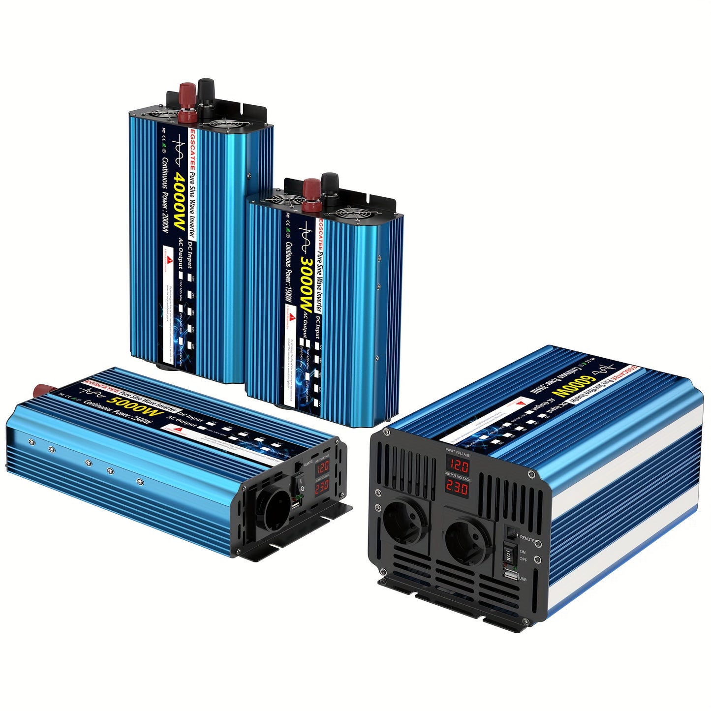 3000W 4000W 5000W 6000W DC12V 24V auf 220V Reiner Sinus Wechselrichter Konverter mit EU Steckdose und LCD Fernbedienung für Auto, Wohnmobil und Solarpanel, Ohne Batterie