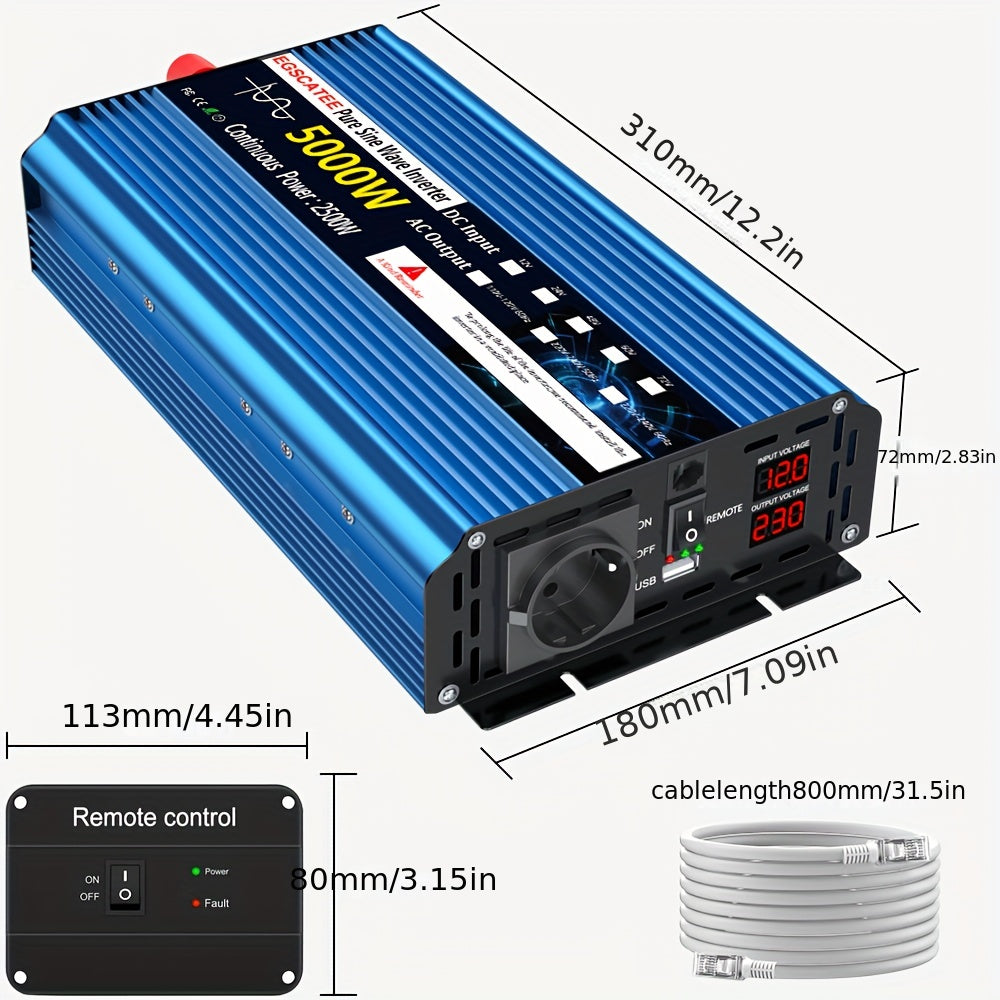 3000W 4000W 5000W 6000W DC12V 24V auf 220V Reiner Sinus Wechselrichter Konverter mit EU Steckdose und LCD Fernbedienung für Auto, Wohnmobil und Solarpanel, Ohne Batterie