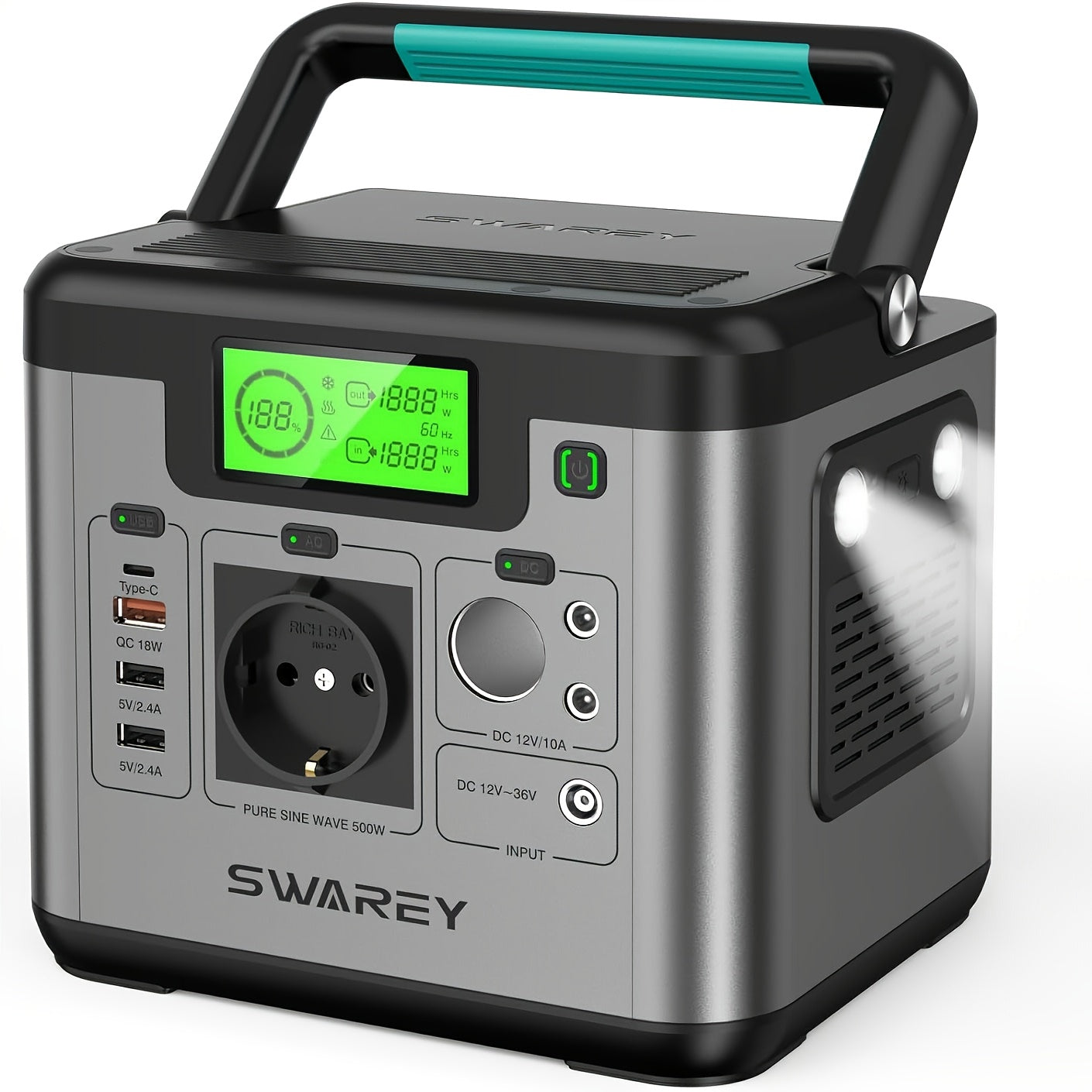 Tragbare Powerbank SWAREY, Stromstation 518 Wh, Solar Generator mit 500 W AC-Ausgang, USB-C-Port 65 W, Energiegenerator für Partys, Reisen, Camping, Wohnmobil, Notfall
