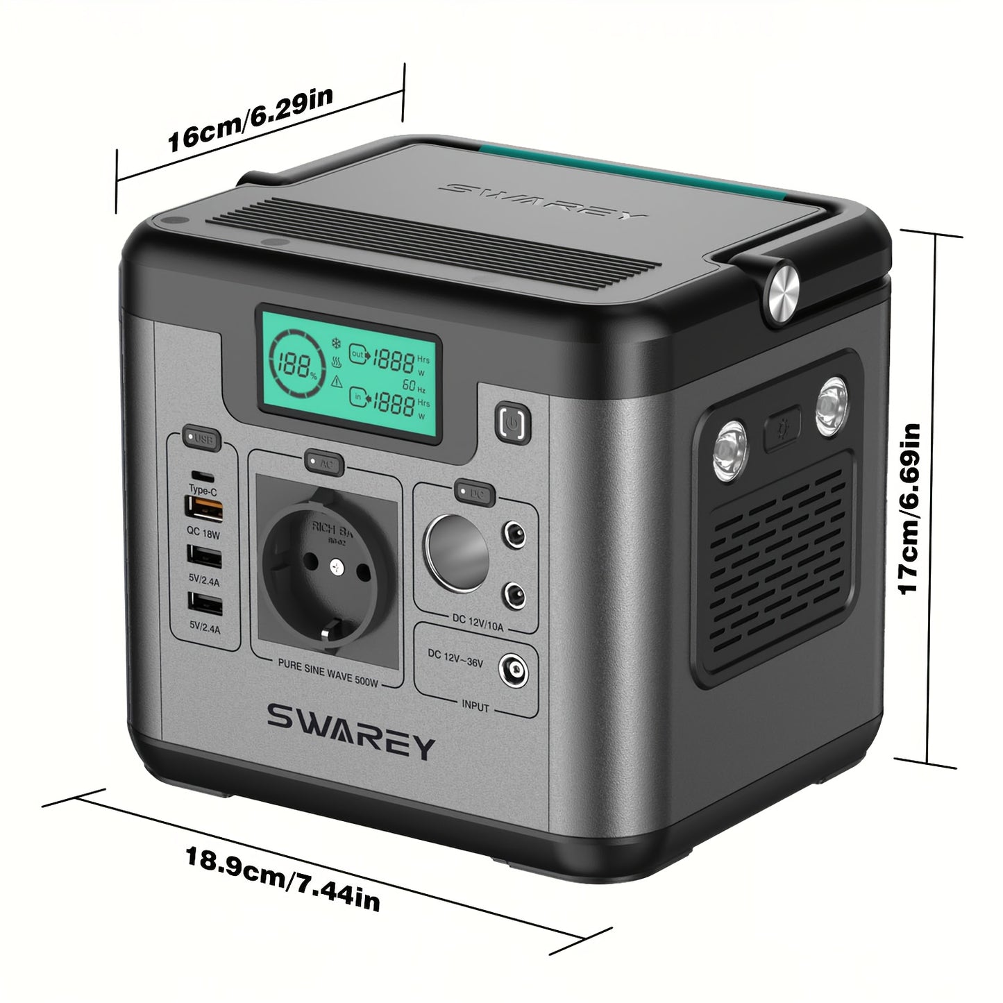 Tragbare Powerbank SWAREY, Stromstation 518 Wh, Solar Generator mit 500 W AC-Ausgang, USB-C-Port 65 W, Energiegenerator für Partys, Reisen, Camping, Wohnmobil, Notfall