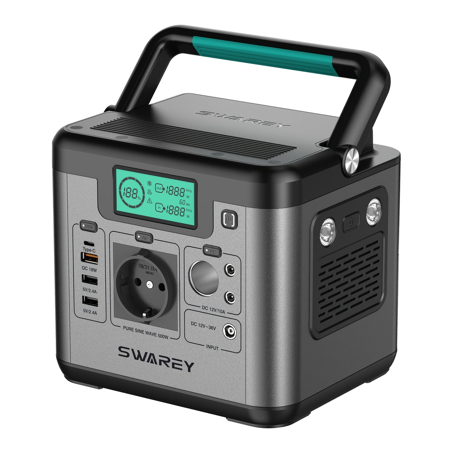 Tragbare Powerbank SWAREY, Stromstation 518 Wh, Solar Generator mit 500 W AC-Ausgang, USB-C-Port 65 W, Energiegenerator für Partys, Reisen, Camping, Wohnmobil, Notfall