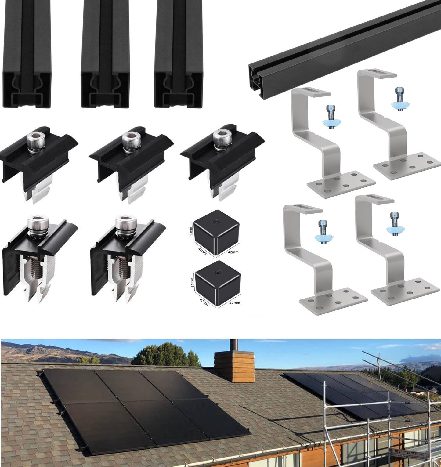 Schwarz Solar Halterung Ziegeldach Set für1/2/3/4 Module, Upgrade 350MM Aluprofil und Photovoltaik Dachhaken, Solarmodul Halterung Ziegeldach Einstellbare Klemmen für Modul Dicke 30mm-45mm MZD10
