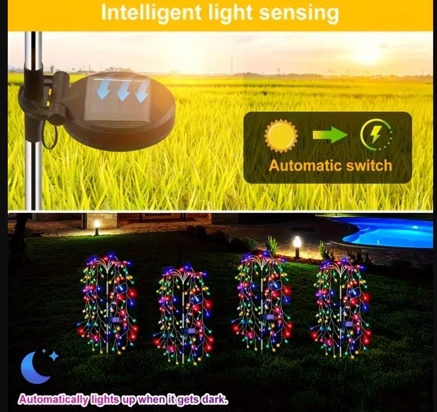 1 Stk. Solarleuchten Außen-Garten mit Automatischem Ein-/Ausschalten, Hochwertige 120/200 LED Solar-Feuerwerk-Lichterkette mit 8 Beleuchtungsmodi (Blinkend/Stabil/Flammeneffekt), Solar-Außenlicht für Garten, Weihnachtslicht, Solar-Außenbeleuchtung