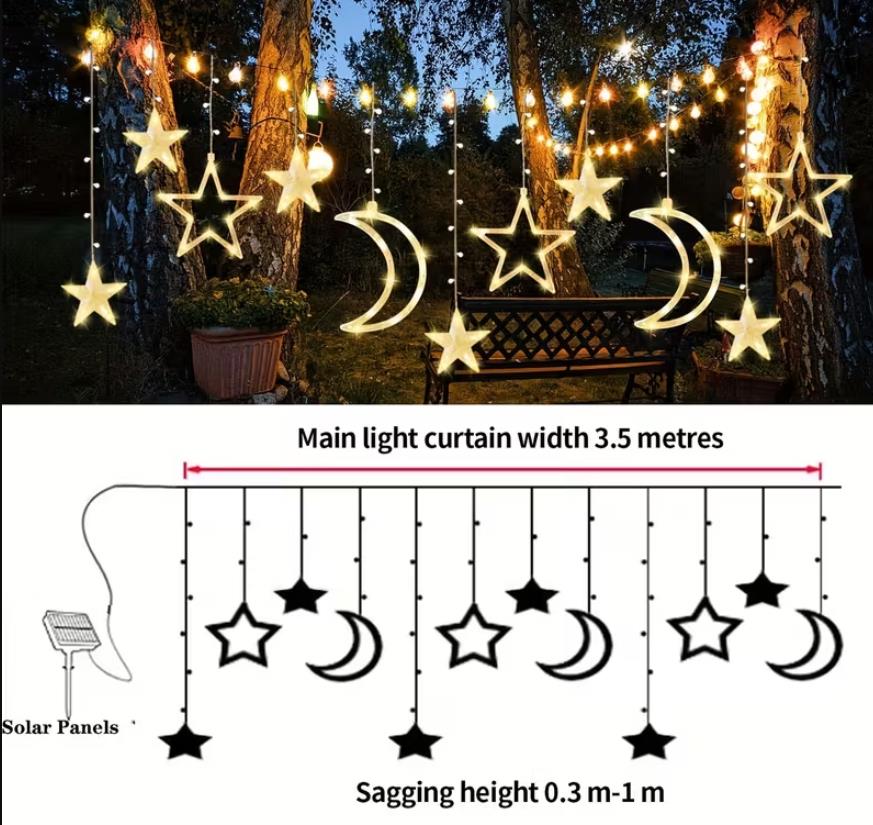 Solar Lichterkette Aussen, 138LED 3.5M Wasserdicht Solar Ramadan Licht Stern Mond Lichterketten, Mit 8 Modi & Timer und Speicher Lichterkette Außen Solar Star