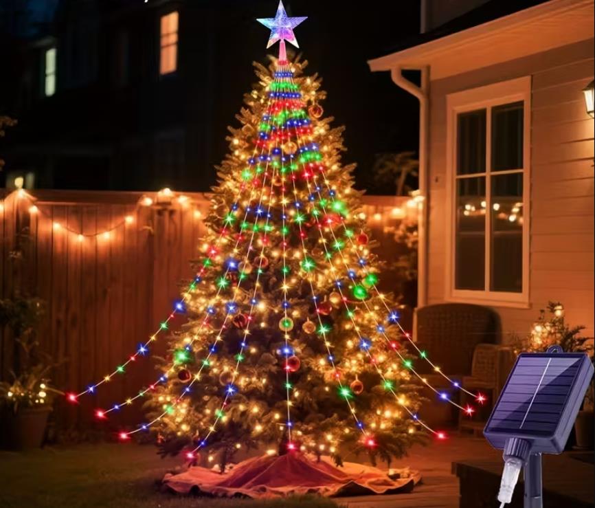 Solar Christbaumbeleuchtung mit Sterne, 2M-3M  200-300LEDs Tannenbaum Lichterketten, Fernbedienung, Wasserdicht Weihnachtsbaum Lichterketten mit 8 Modi für Weihnachtsbaum, Innen, Außen Dekor