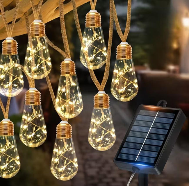 Solar-Lichterkette für draußen, 10/15/25 Glühbirnen Hängeleuchte mit Hanfseil, Lichtsensor Ein-Aus-Funktion, 8 Modi transparente Gartenlichterketten  geeignet für Hof, Zaun, Dachüberstand, Terrasse, Hochzeitsdeko Weihnachtsgeschenke