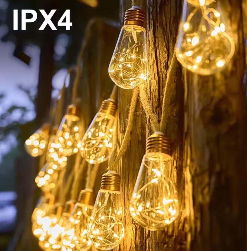 Solar-Lichterkette für draußen, 10/15/25 Glühbirnen Hängeleuchte mit Hanfseil, Lichtsensor Ein-Aus-Funktion, 8 Modi transparente Gartenlichterketten  geeignet für Hof, Zaun, Dachüberstand, Terrasse, Hochzeitsdeko Weihnachtsgeschenke