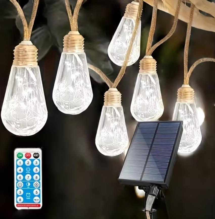 Solar-Lichterkette für draußen, 10/15/25 Glühbirnen Hängeleuchte mit Hanfseil, Lichtsensor Ein-Aus-Funktion, 8 Modi transparente Gartenlichterketten  geeignet für Hof, Zaun, Dachüberstand, Terrasse, Hochzeitsdeko Weihnachtsgeschenke