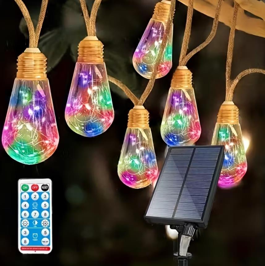 Solar-Lichterkette für draußen, 10/15/25 Glühbirnen Hängeleuchte mit Hanfseil, Lichtsensor Ein-Aus-Funktion, 8 Modi transparente Gartenlichterketten  geeignet für Hof, Zaun, Dachüberstand, Terrasse, Hochzeitsdeko Weihnachtsgeschenke