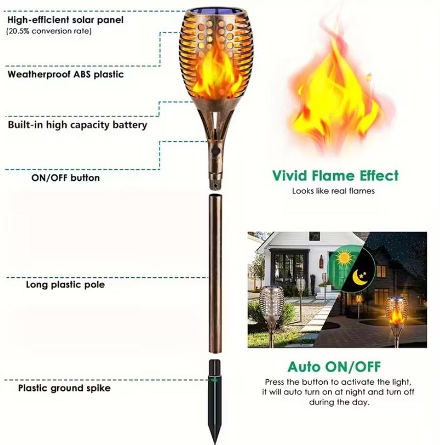 Solar Fackeln für Draußen  1/2/4er 96 LED Solarfackeln für Außen Flackernd XXL groß Solarlampen für Außen Garten, IP65 Wasserdichte Solarleuchten Garten - Ein stilvolles Gartenbeleuchtung