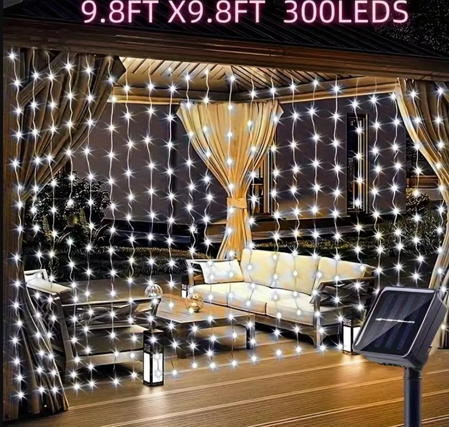 Solar Lichtervorhang Aussen 3x3 m, 8 Modi 300LED Lichterkette vorhang Warmweiß, Wasserdicht Solar Wasserfall Lichter für Außen Pavillon Balkon Hochzeit Deko