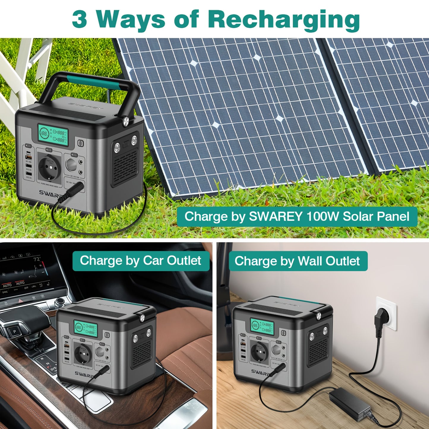 Tragbare Powerbank SWAREY, Stromstation 518 Wh, Solar Generator mit 500 W AC-Ausgang, USB-C-Port 65 W, Energiegenerator für Partys, Reisen, Camping, Wohnmobil, Notfall