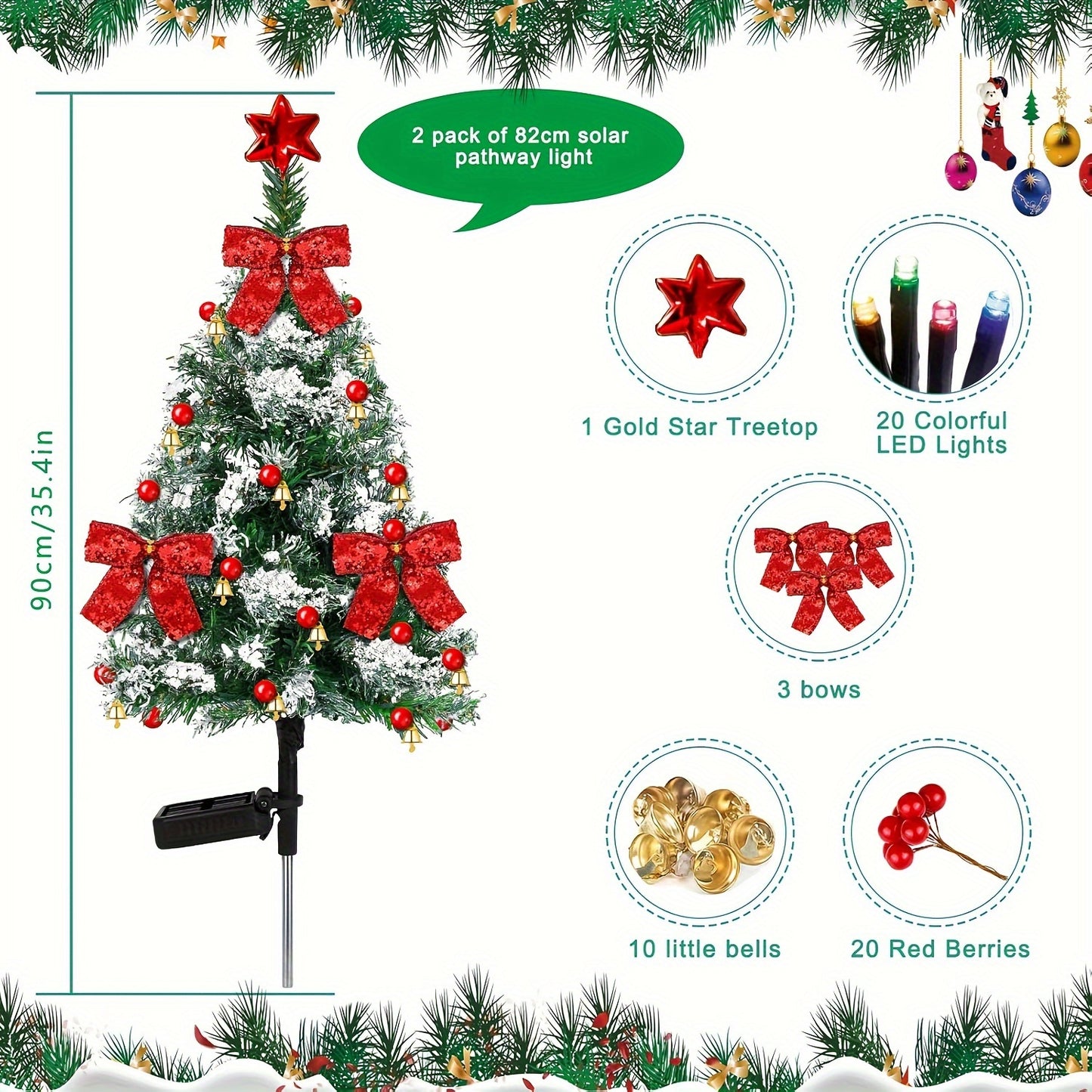 1/2/4er-Pack Solar-Zedernweihnachtsbäume mit Schneeflocken, Schleifen, Glocken & roten Beeren – Festliche Rasendekoration für nachts leuchtende bunte Lichter