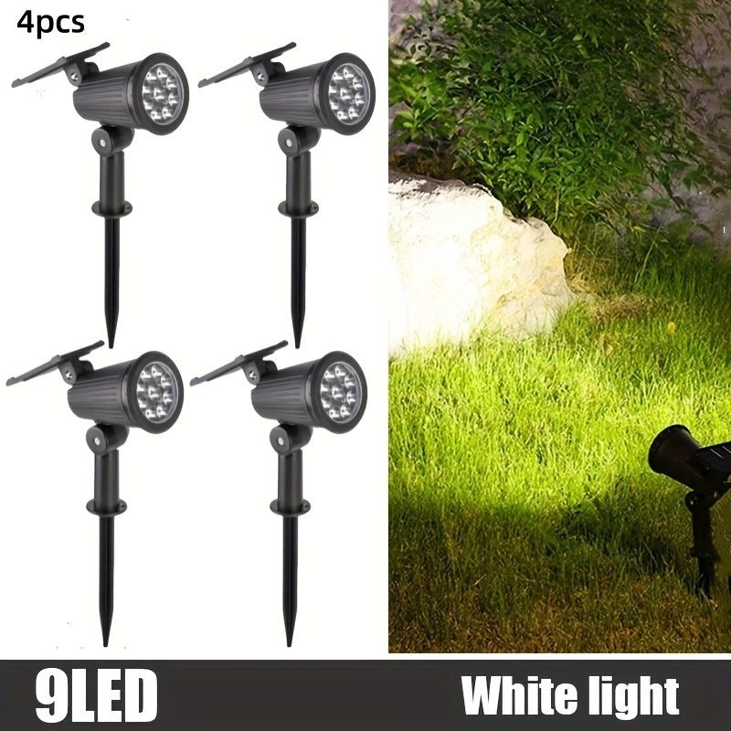 4er-Pack 9 LED Solar-Außenstrahler mit Bewegungsmelder & IP65 Wasserdicht, Einstellbare Helligkeit Farbwechsel  Landschaftsbeleuchtung inkl. Steuerungsfunktion