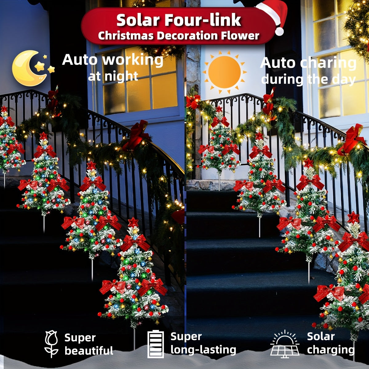 1/2/4er-Pack Solar-Zedernweihnachtsbäume mit Schneeflocken, Schleifen, Glocken & roten Beeren – Festliche Rasendekoration für nachts leuchtende bunte Lichter