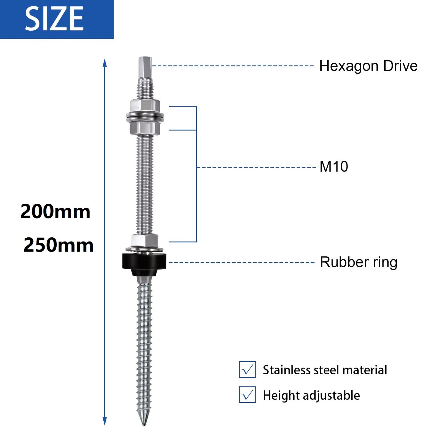 Stockschraube aus Edelstahl M10 x 200 mm M10 x 250 mm M10 x 300 mm