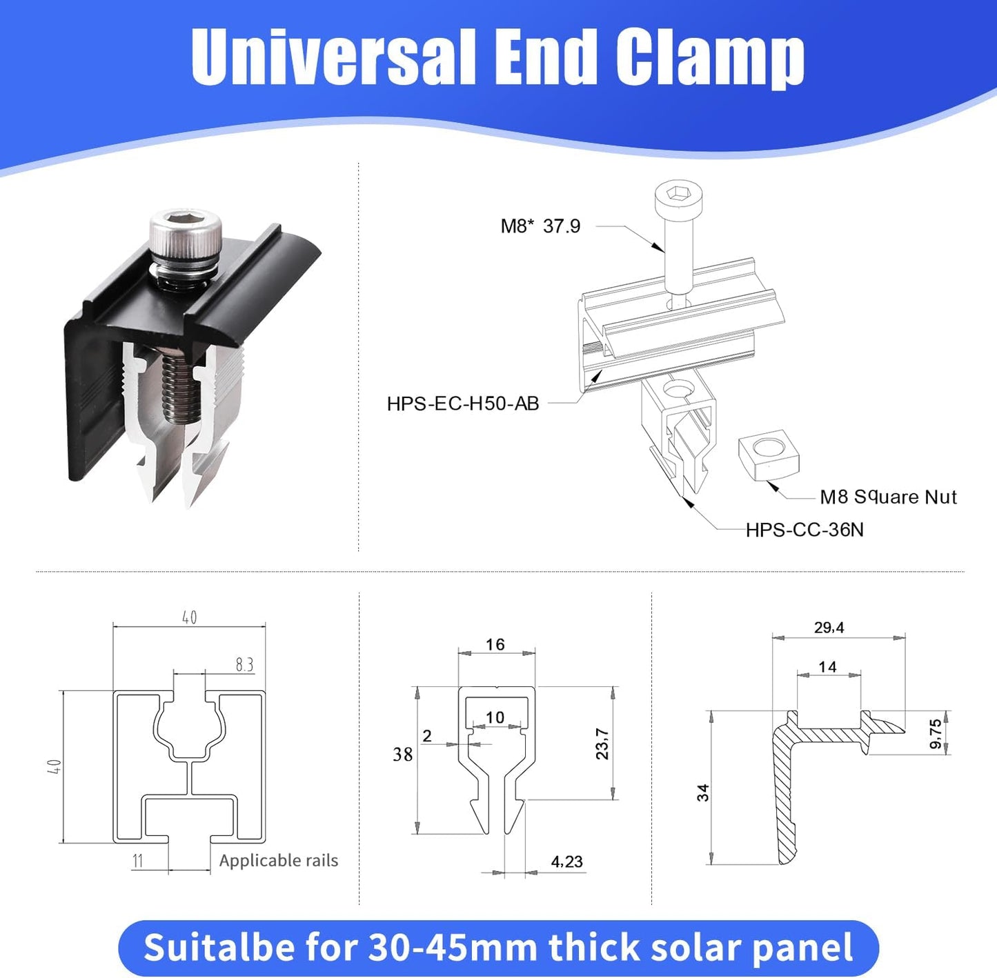 8 /20/48/100 pcs Solarmodul Randklemmen Endklemmen-Set Mby08sh