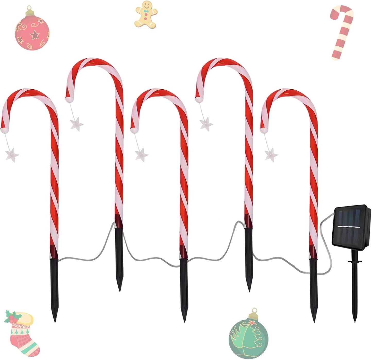 5er-Pack Solar-Zuckerstangen-Gartenlichter, 8 Modi, Weihnachtsweg Lichter, 46 cm hoher Stab, Weihnachtsbeleuchtung für draußen, Dekoration Anhänger, 2 m Kabellänge