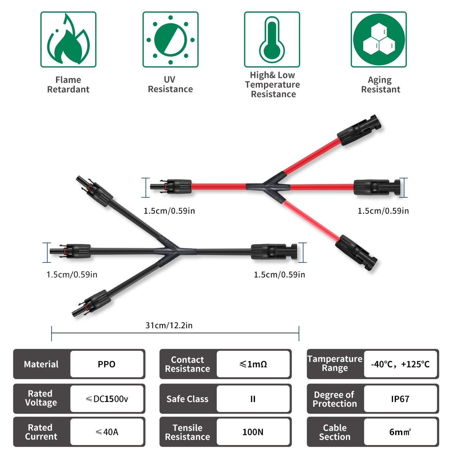 Solarmodul Kabel Y-Stecker 2,5–6 mm², Solarkabel Y-Verteiler 12/10 AWG Photovoltaik-Solarkabel PV-Stecker 1 Paar MMMF + FFFM für parallele PV-Verbindung, rot + schwarz