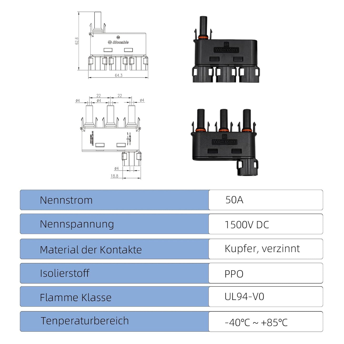 Trisinger Solar Y/T Abzweigkabel Steckverbinder IP68 Wasserdichter 1500V,1 Paar (3 zu 1 Abzweiganschluss 1500v)