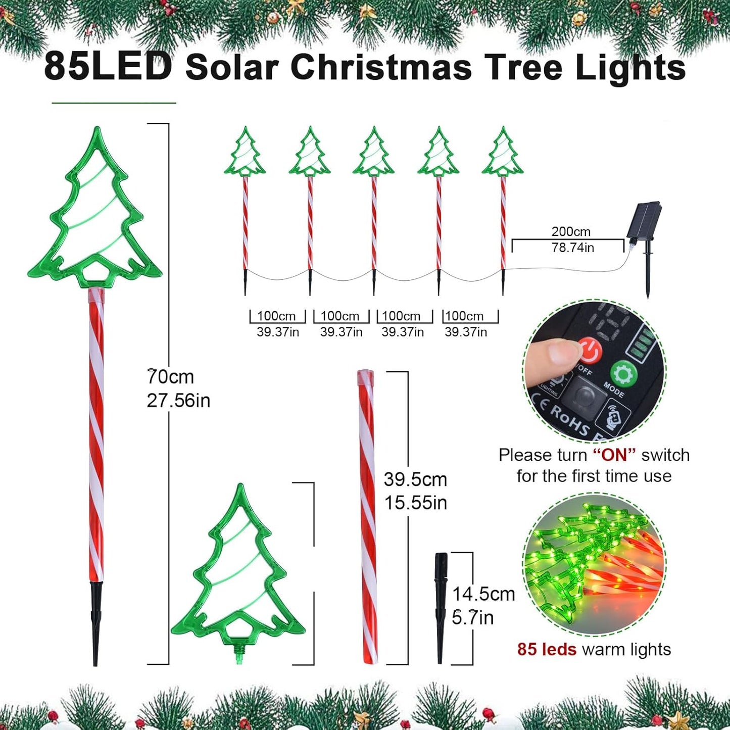 Solar Weihnachtsbeleuchtung Aussen, 5 Stück 85 LED Weihnachtsbaum Solarlampen Weihnachtsdeko, 8 Modi Solar Weihnachts Lichter Aussen, Wasserdicht Solarleuchten Deko für Garten Rasen Hof