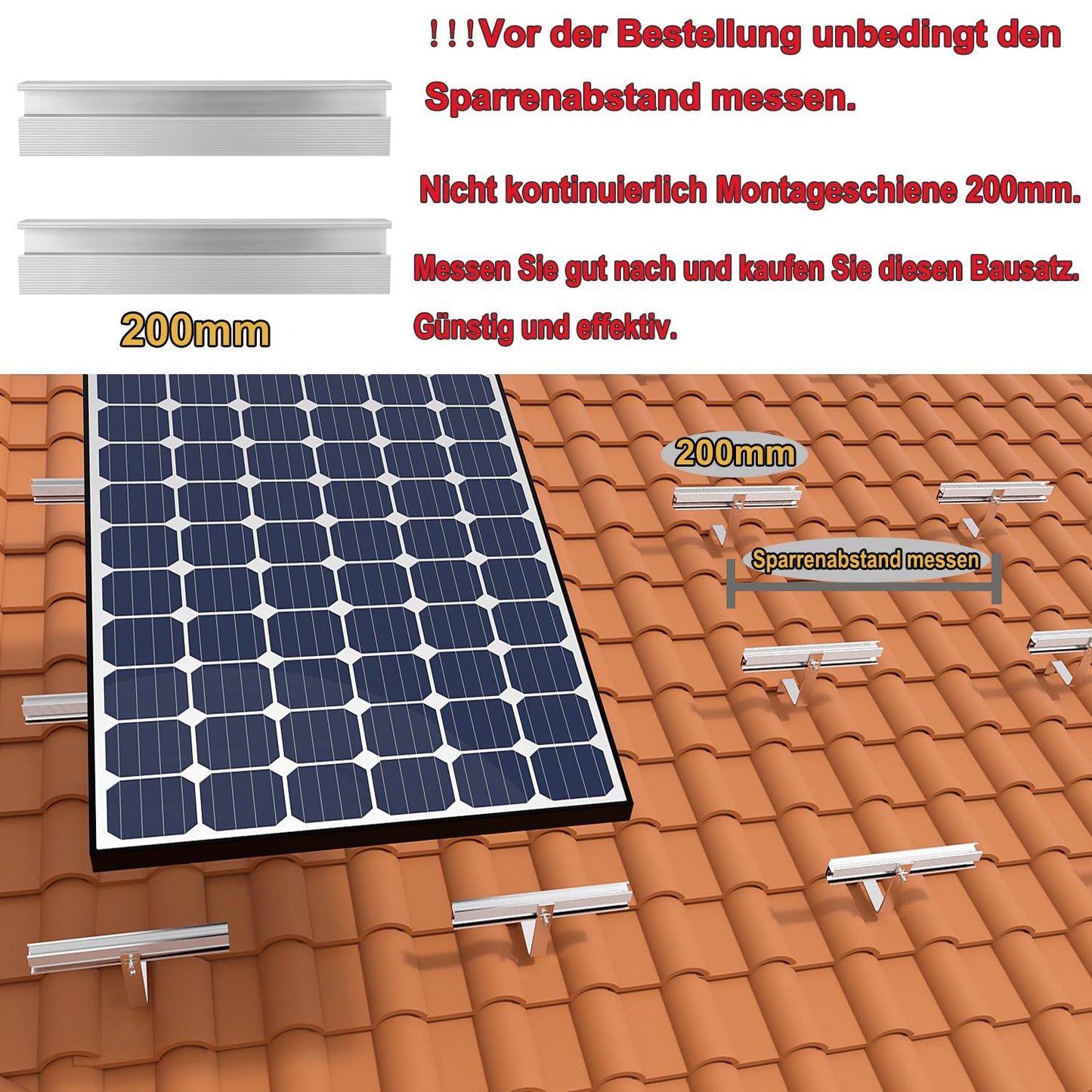 Solar Halterung Ziegeldach Set für1/2/3/4 Module, Upgrade 200MM Aluprofil und Photovoltaik Dachhaken, Solarmodul Halterung Ziegeldach Einstellbare Klemmen für Modul Dicke 30mm 35 mm 40mm MZD06