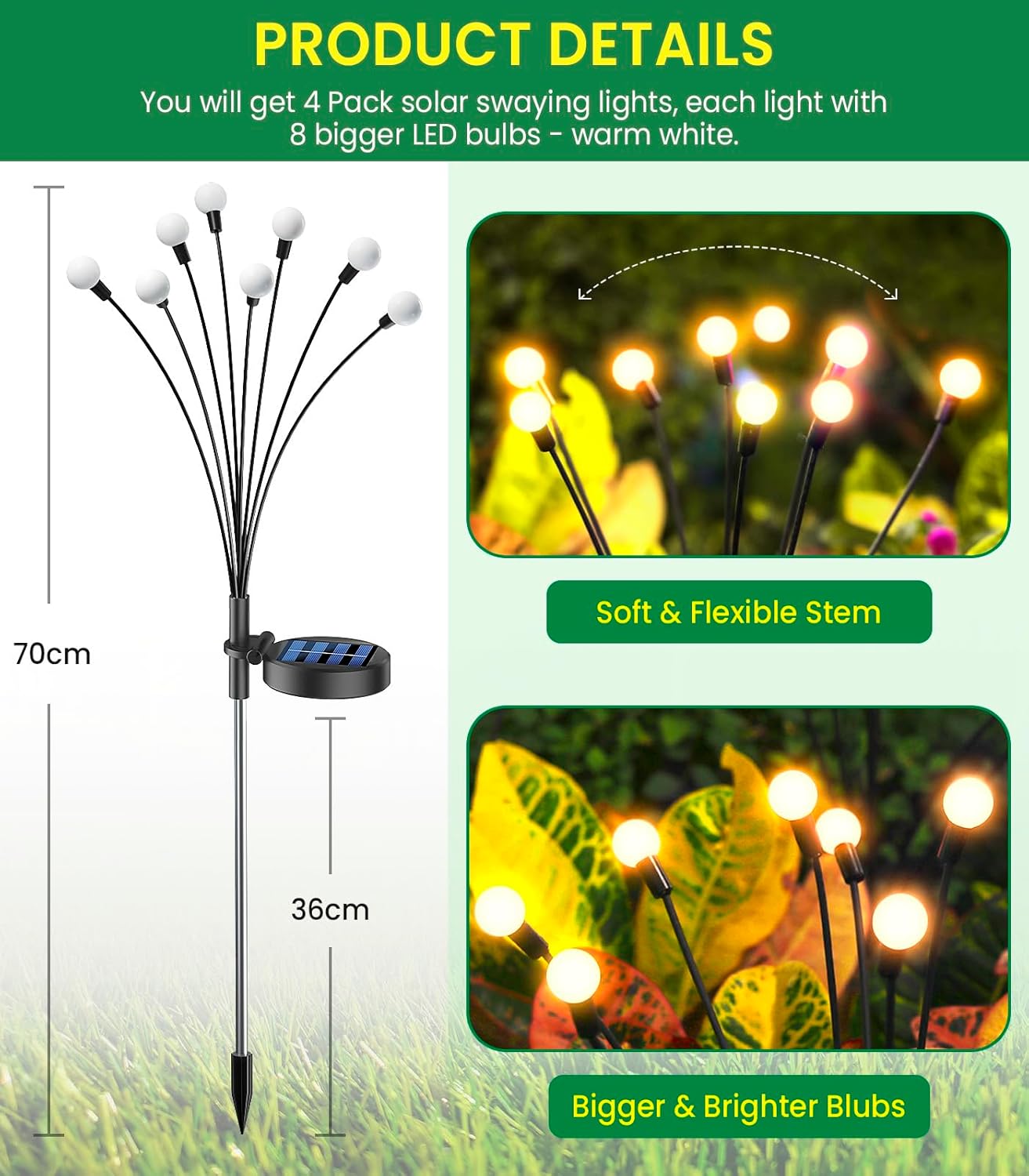 Firefly Solarlampen für Außen Garten 4 Stück, 32 Led Superhelle Glühwürmchen Weihnachten Aussen Solar, IP65 Wasserdicht Schwingende Garten-Deko für Outdoor Weihnachtsdeko Pathway Yard