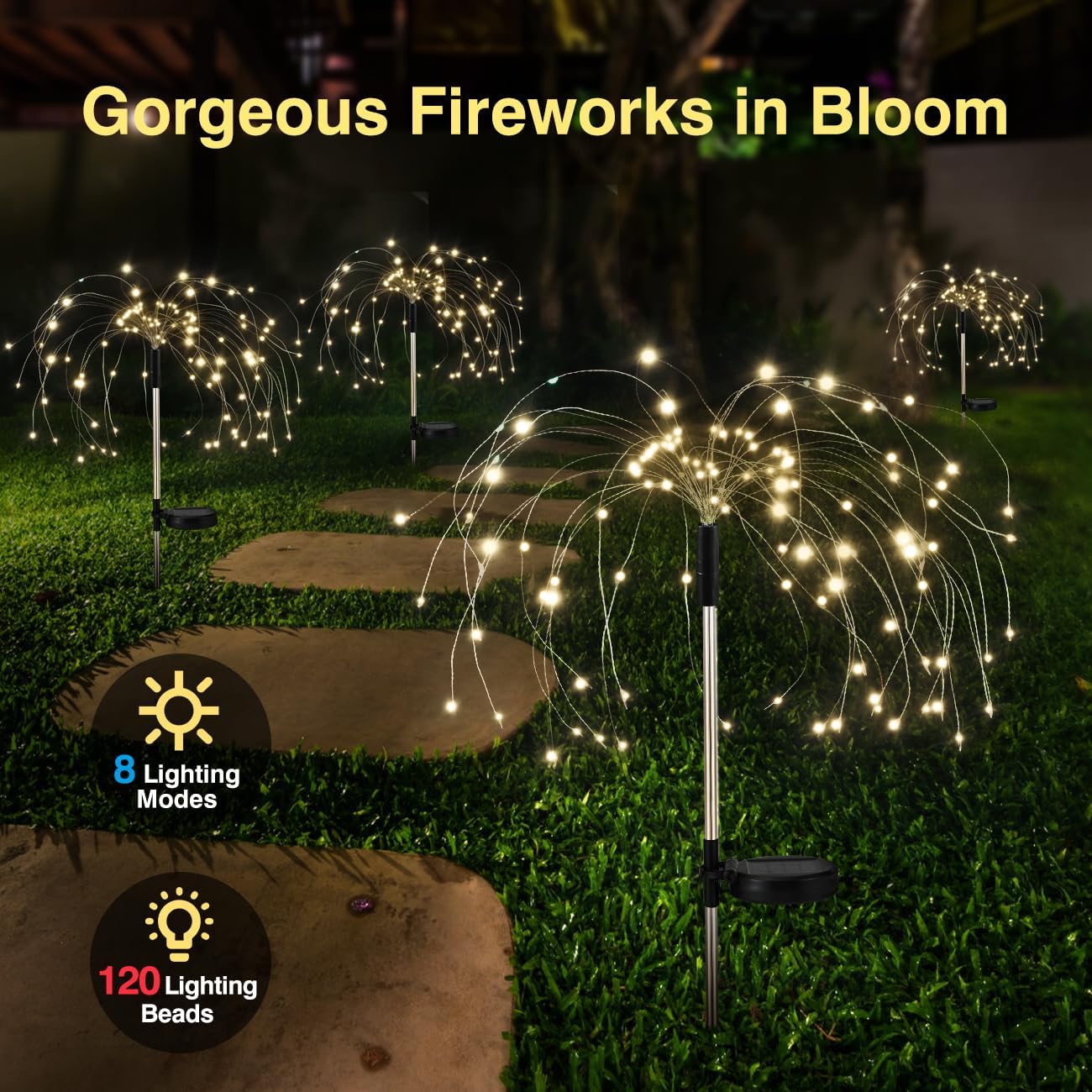 Solarlampen für Außen Garten, 4 Stück 120 LED Solarleuchten Feuerwerk, 8 Modi Solarleuchten Garten mit Fernbedienung Pusteblume solarlampen für Außen Balkon Wege Rasen Deko