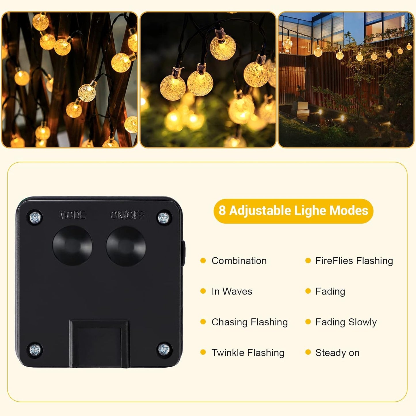 Solar Lichterkette Aussen,  Solar 8 Modi Kristall Kugeln Wasserdicht IP65 Outdoor Solarlichterkette für Garten, Terrasse, Balkon, Hochzei