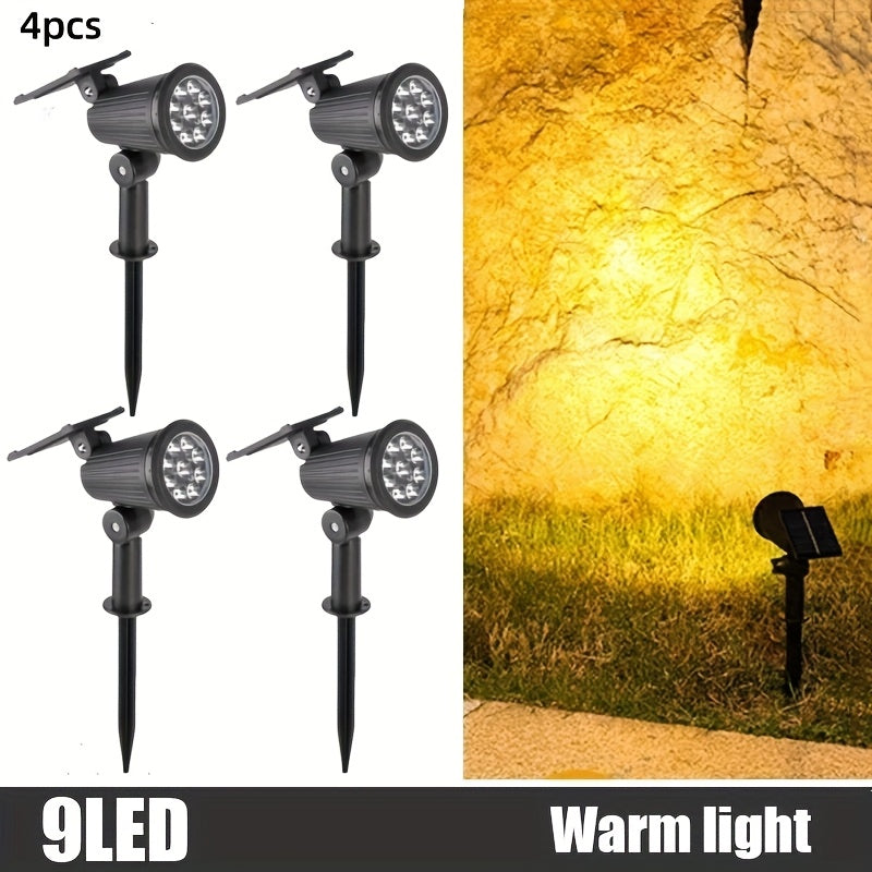 4er-Pack 9 LED Solar-Außenstrahler mit Bewegungsmelder & IP65 Wasserdicht, Einstellbare Helligkeit Farbwechsel  Landschaftsbeleuchtung inkl. Steuerungsfunktion