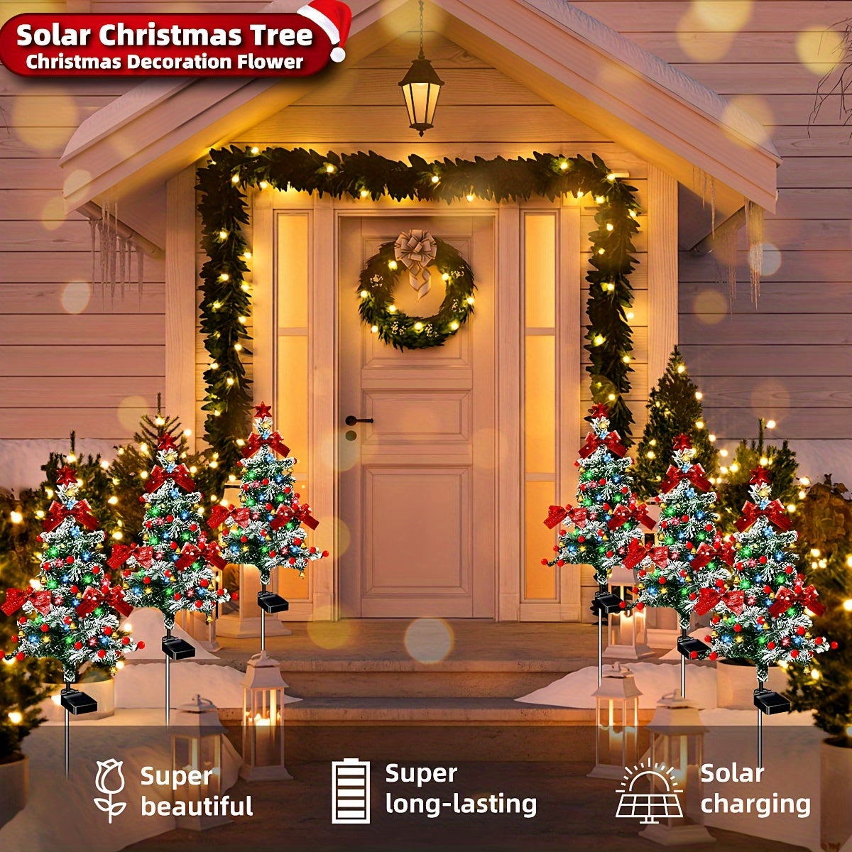 1/2/4er-Pack Solar-Zedernweihnachtsbäume mit Schneeflocken, Schleifen, Glocken & roten Beeren – Festliche Rasendekoration für nachts leuchtende bunte Lichter