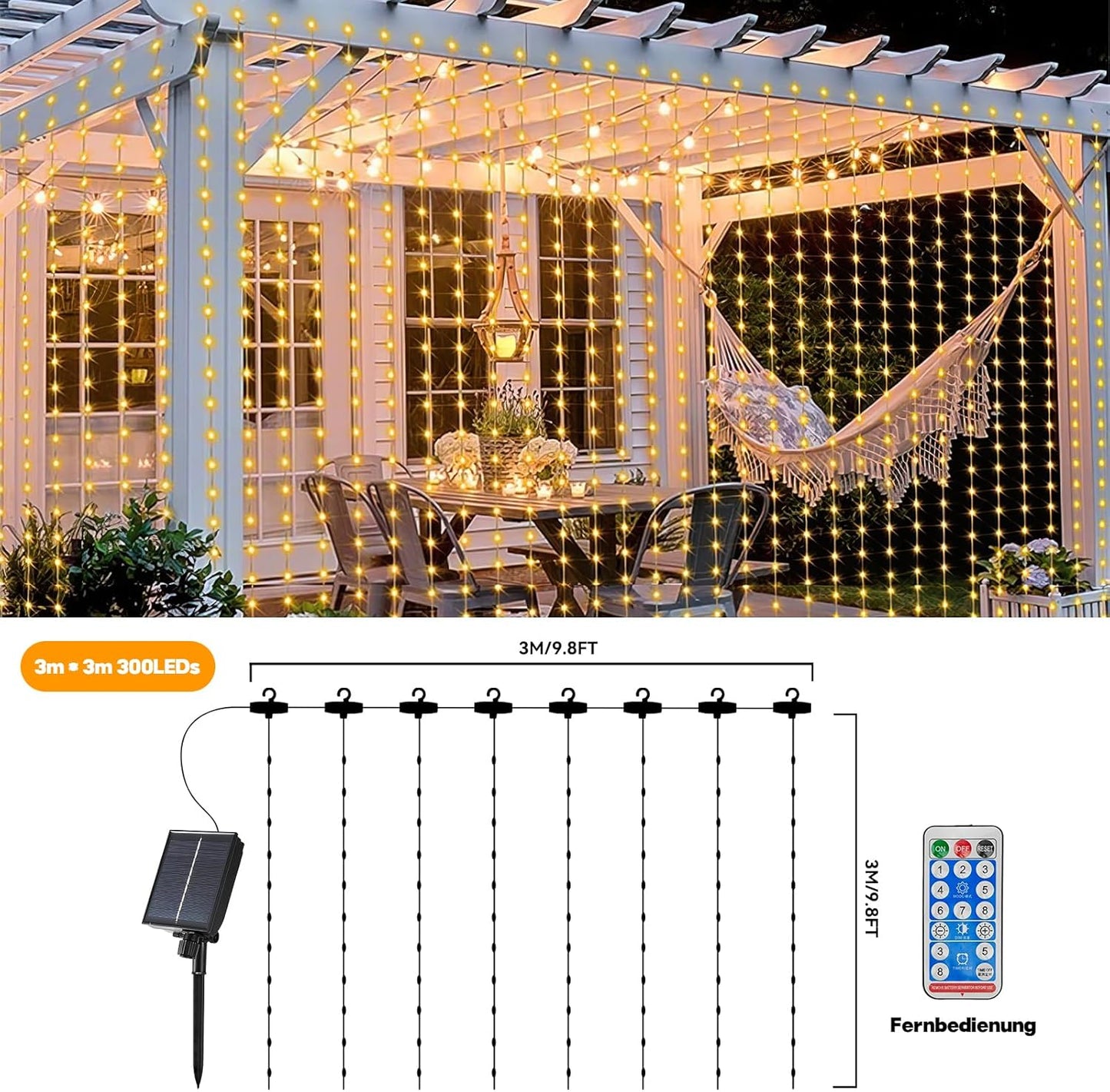 Solar Lichtervorhang Aussen 3x3 m, 8 Modi 300LED Lichterkette vorhang Warmweiß, Wasserdicht Solar Wasserfall Lichter für Außen Pavillon Balkon Hochzeit Deko
