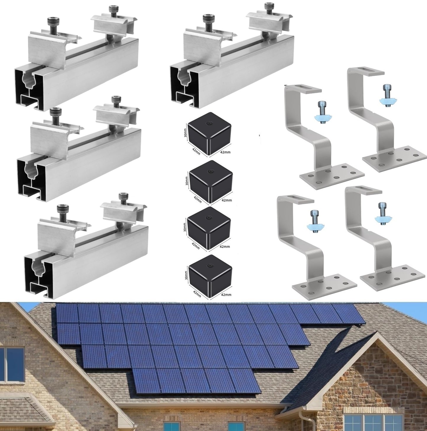 Solar Halterung Ziegeldach Set für1/2/3/4 Module, Upgrade 350MM Aluprofil und Photovoltaik Dachhaken, Solarmodul Halterung Ziegeldach Einstellbare Klemmen für Modul Dicke 30mm-45mm MZD10