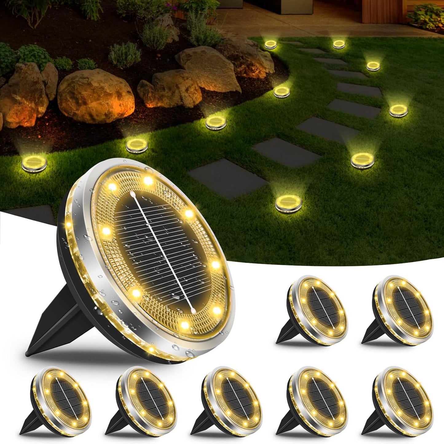 Solar Bodenleuchten Aussen, 8/16 Stück 8 LED Solarlampen für Außen Garten Wetterfest, Solarleuchten Gartenbeleuchtung für Boden Weg Rasen Gehweg Kaltweiss