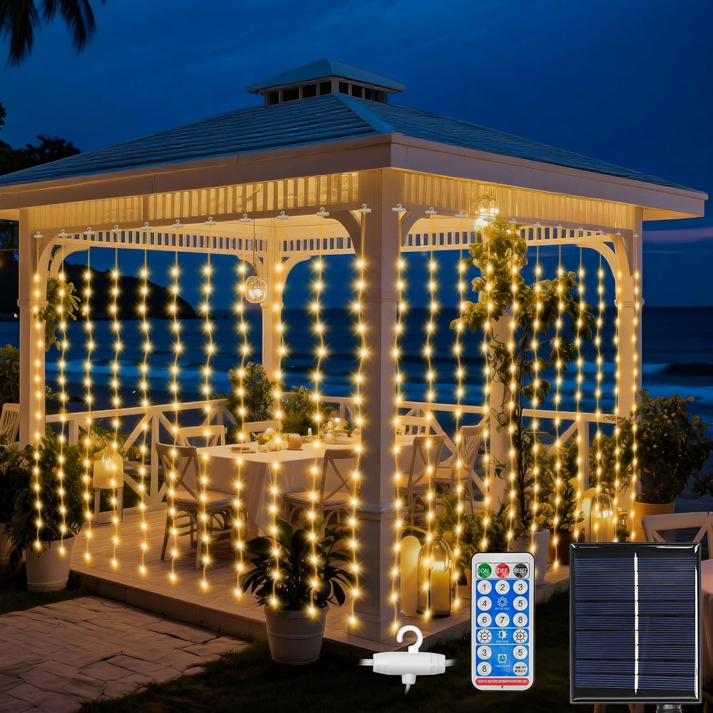 Solar Lichtervorhang Aussen 3x3 m, 8 Modi 300LED Lichterkette vorhang Warmweiß, Wasserdicht Solar Wasserfall Lichter für Außen Pavillon Balkon Hochzeit Deko