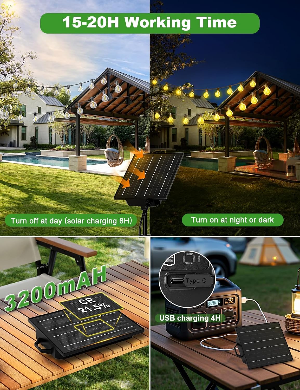 LED-Lichterkette für den Außenbereich, Solar-G40-LED-Lichterkette, 8 Modelle, Garten-Lichterkette, Glühbirnen für den Außenbereich, für Party, Terrasse, Bistro