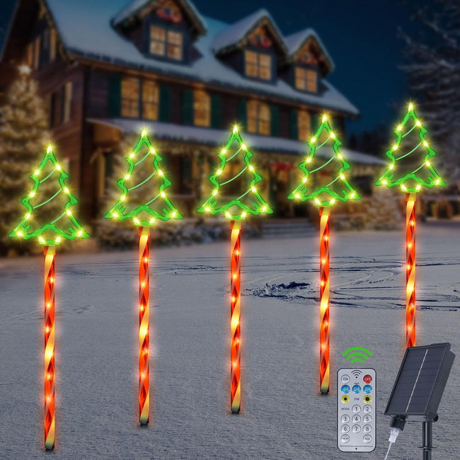 Solar Weihnachtsbeleuchtung Aussen, 5 Stück 85 LED Weihnachtsbaum Solarlampen Weihnachtsdeko, 8 Modi Solar Weihnachts Lichter Aussen, Wasserdicht Solarleuchten Deko für Garten Rasen Hof