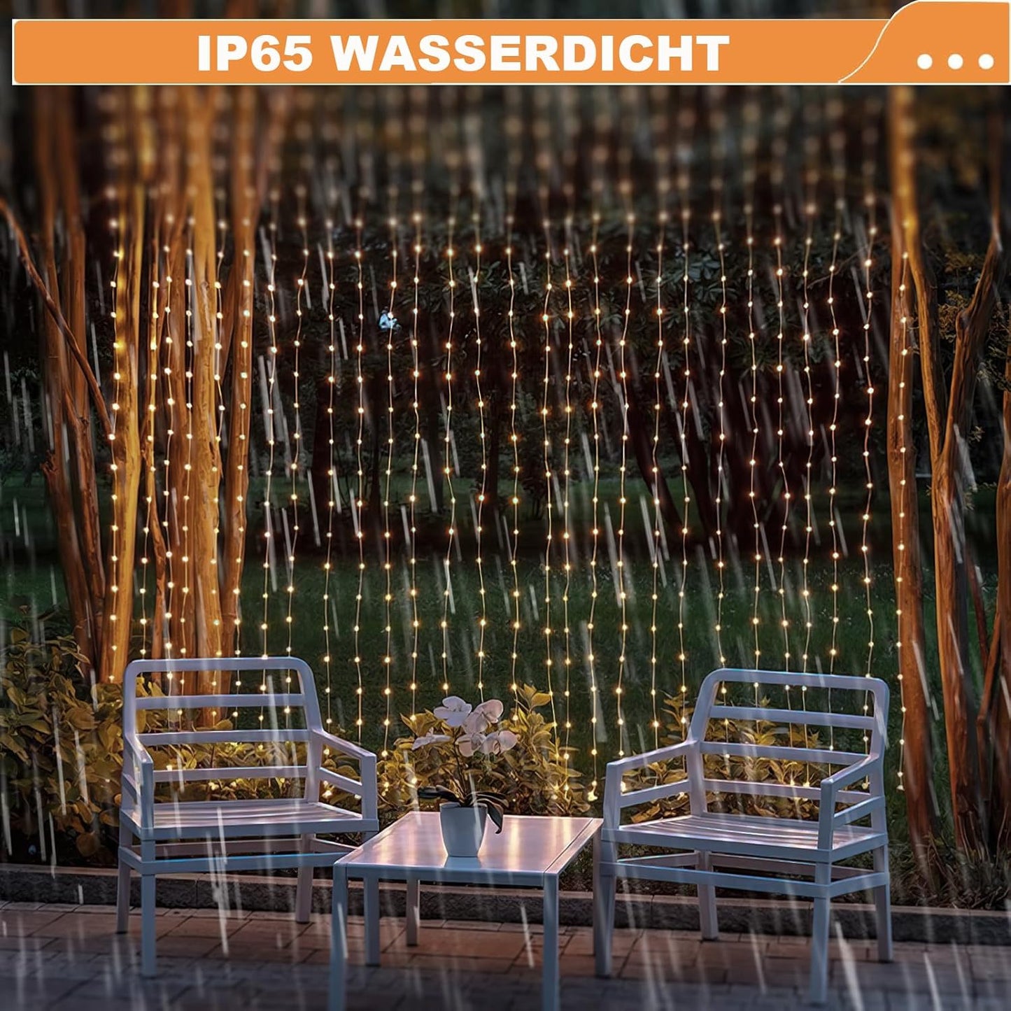 Solar Lichtervorhang Aussen 3x3 m, 8 Modi 300LED Lichterkette vorhang Warmweiß, Wasserdicht Solar Wasserfall Lichter für Außen Pavillon Balkon Hochzeit Deko