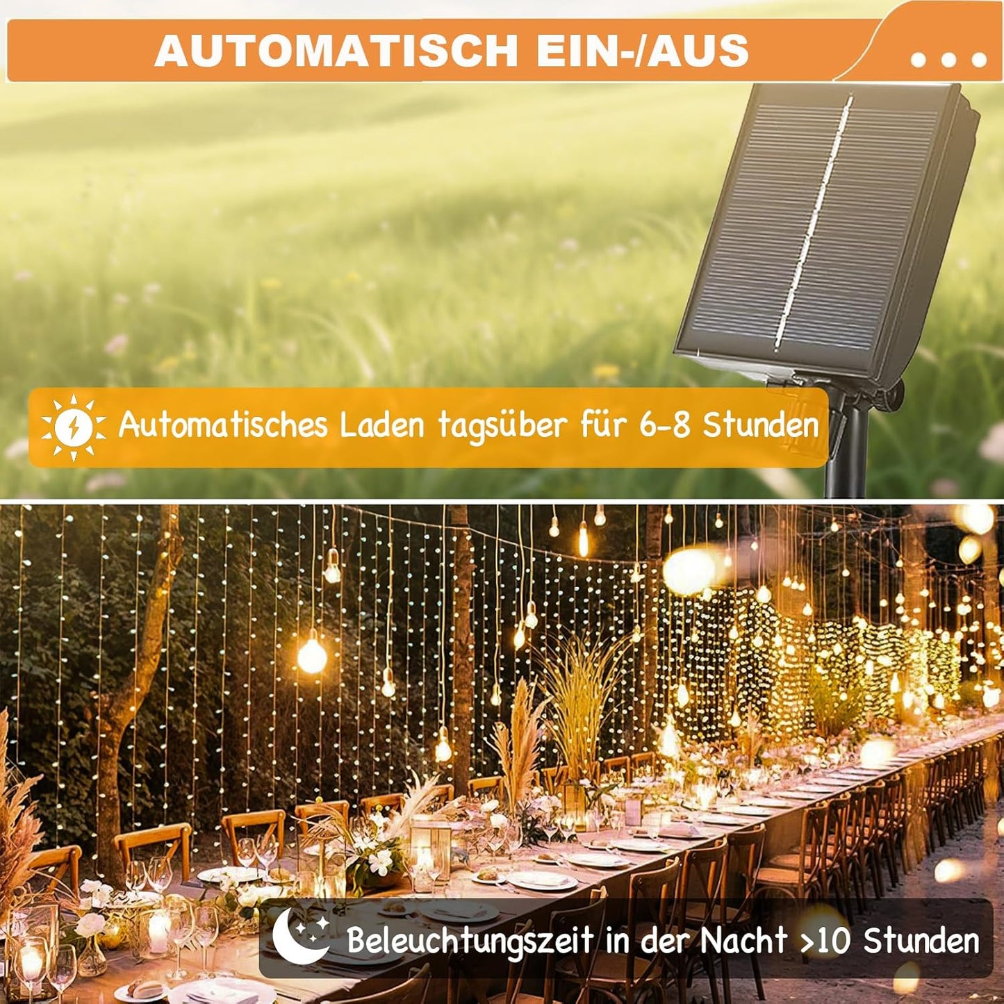 Solar Lichtervorhang Aussen 3x3 m, 8 Modi 300LED Lichterkette vorhang Warmweiß, Wasserdicht Solar Wasserfall Lichter für Außen Pavillon Balkon Hochzeit Deko