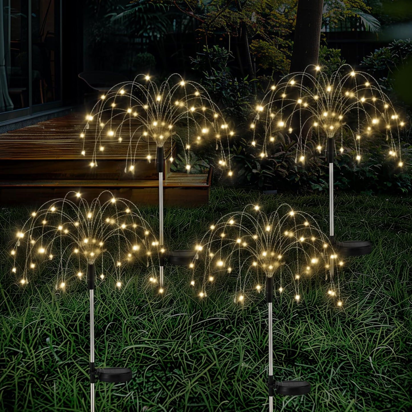 Solarlampen für Außen Garten, 4 Stück 120 LED Solarleuchten Feuerwerk, 8 Modi Solarleuchten Garten mit Fernbedienung Pusteblume solarlampen für Außen Balkon Wege Rasen Deko