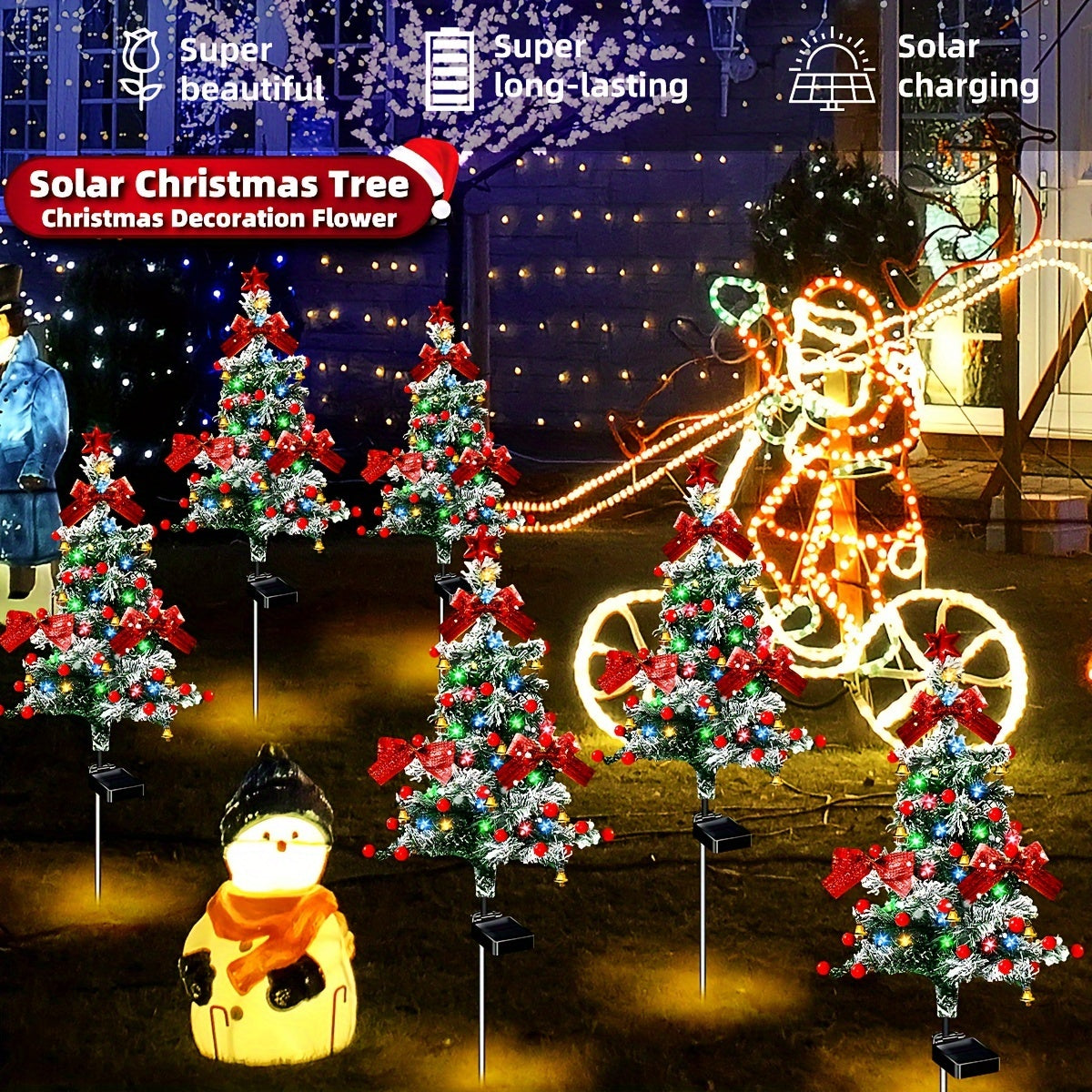 1/2/4er-Pack Solar-Zedernweihnachtsbäume mit Schneeflocken, Schleifen, Glocken & roten Beeren – Festliche Rasendekoration für nachts leuchtende bunte Lichter