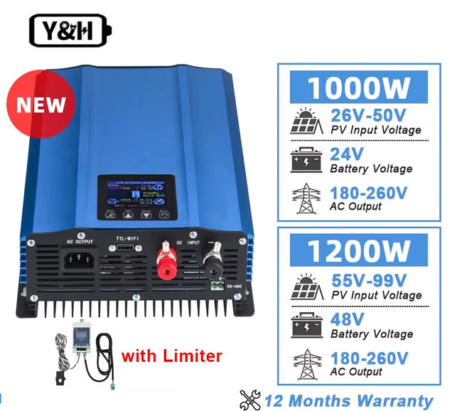 Y&H Grid Tie Inverter 1,2 kW 1 kW mit Limiter, reiner Sinuswellen-Solarwechselrichter für Solarmodule/Batterieentlademodus 48 V/24 V