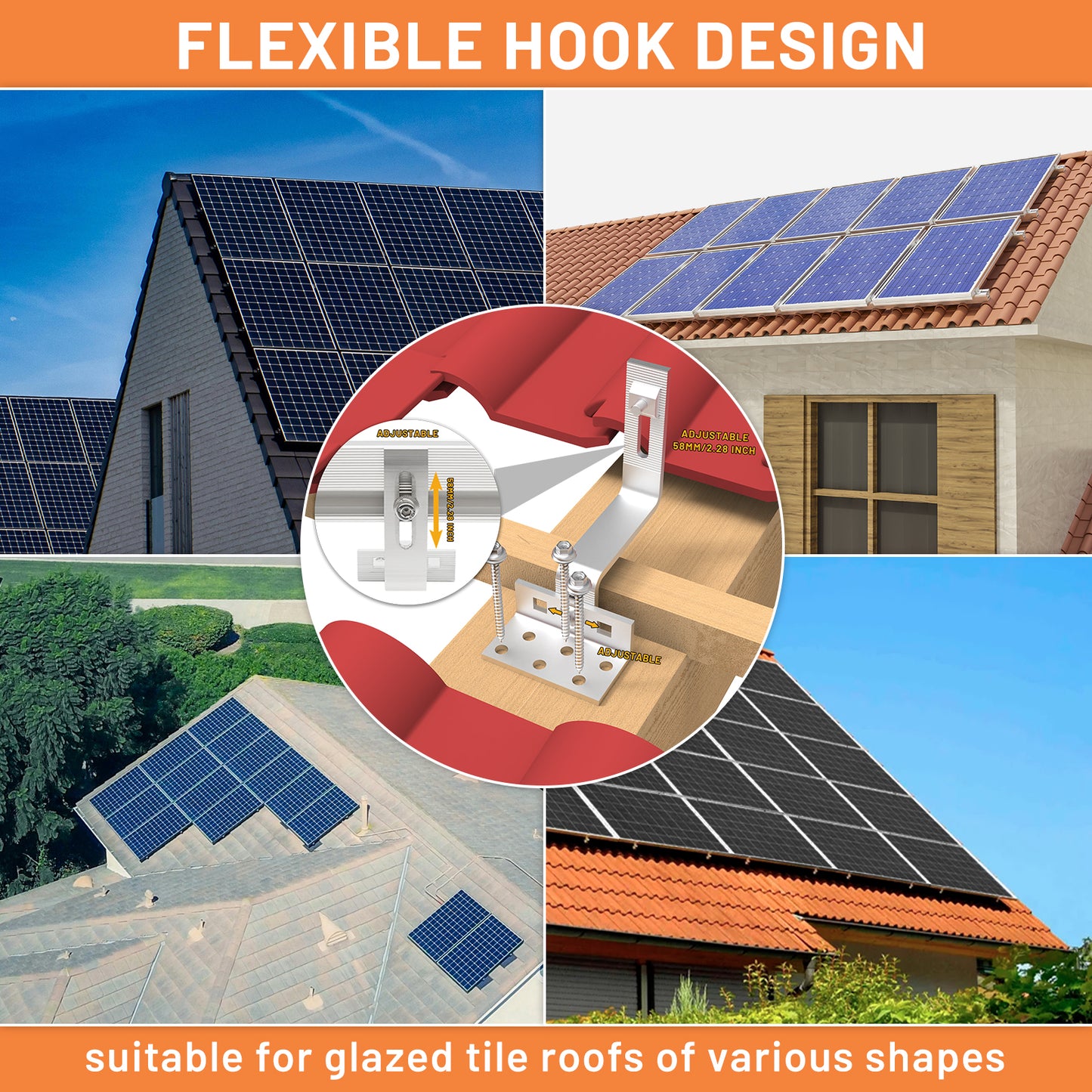 PV Montageset Ziegeldach Glasziegeldach, Befestigung Solarmodul Halterung  Photovoltaik Montageschiene und Dachhaken, Solarpanel Halterung mit Endklemme, für 30~35mm  Solarmodule