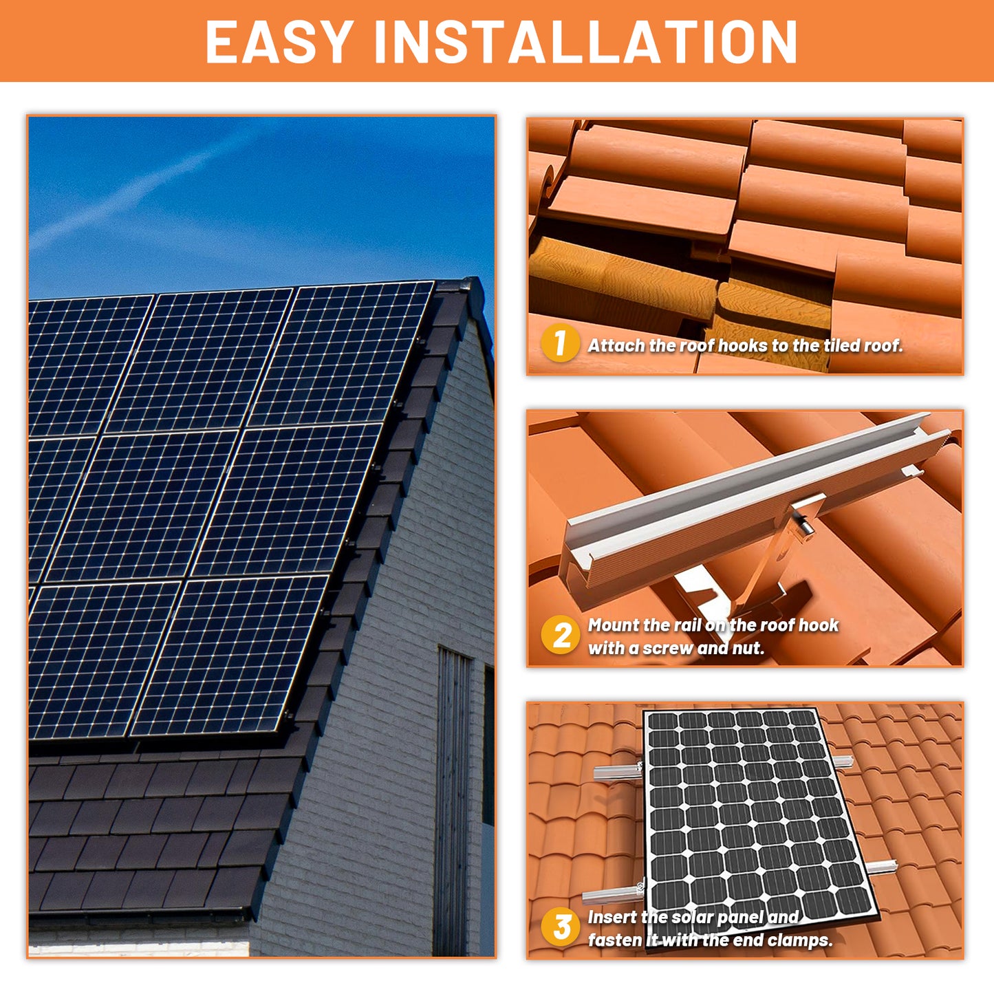 PV Montageset Ziegeldach Glasziegeldach, Befestigung Solarmodul Halterung  Photovoltaik Montageschiene und Dachhaken, Solarpanel Halterung mit Endklemme, für 30~35mm  Solarmodule