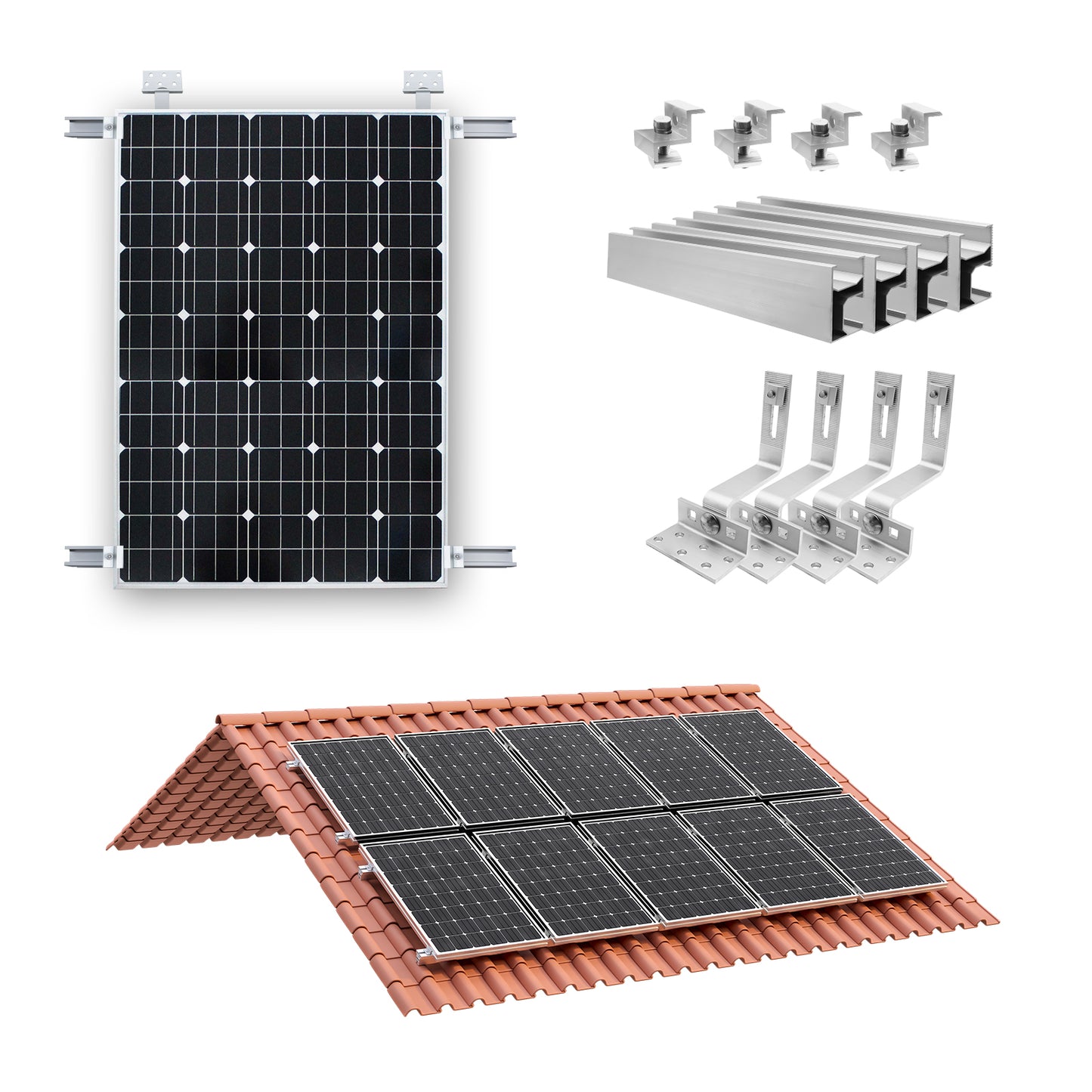 PV Montageset Ziegeldach Glasziegeldach, Befestigung Solarmodul Halterung  Photovoltaik Montageschiene und Dachhaken, Solarpanel Halterung mit Endklemme, für 30~35mm  Solarmodule