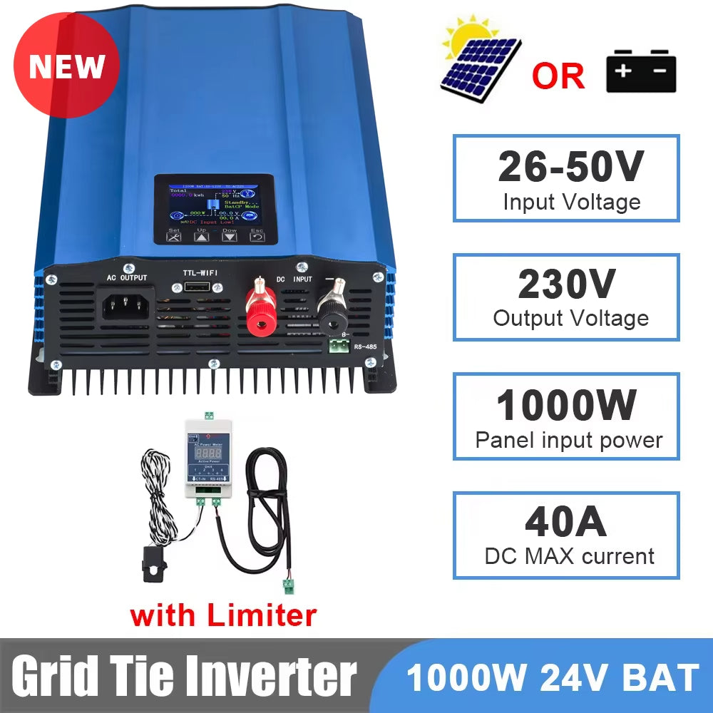 Y&H Grid Tie Inverter 1,2 kW 1 kW mit Limiter, reiner Sinuswellen-Solarwechselrichter für Solarmodule/Batterieentlademodus 48 V/24 V